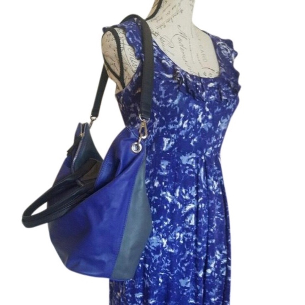 Cobalt Blue & Grey Leather Colorblock Satchel Tote